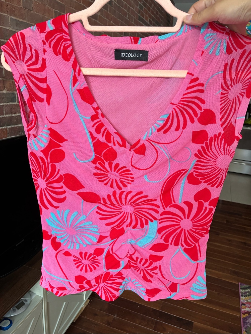 Ideology Pink Floral V-Neck Tank with Red & Light Blue Accents